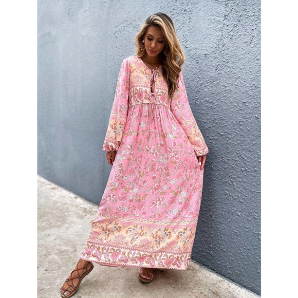 Boho Floral Print Tie Neck long sleeve Smock Dress maxi pink - Picture 5 of 8